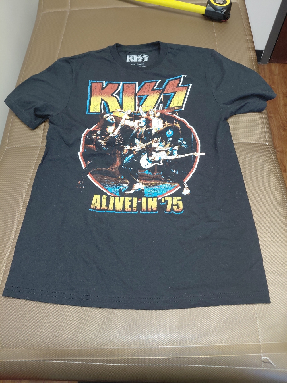 Kiss Black Tee with Yellow and Blue 'Alive! In '75' Graphic